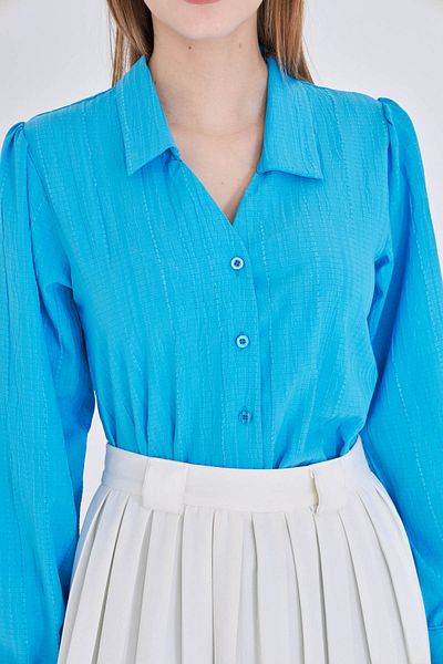 armonika Women's Blue V-Neck Balloon Sleeve Wrinkle Shirt Arm-25K001088