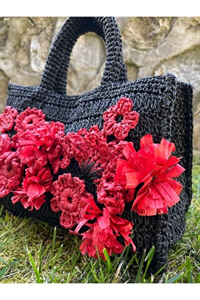 MSS ATALIER KADIN EL ÖRGÜSÜ SİYAH KAĞIT İP NARÇİÇEĞİ ÇİÇEK DETAYLI EL ÇANTASI...