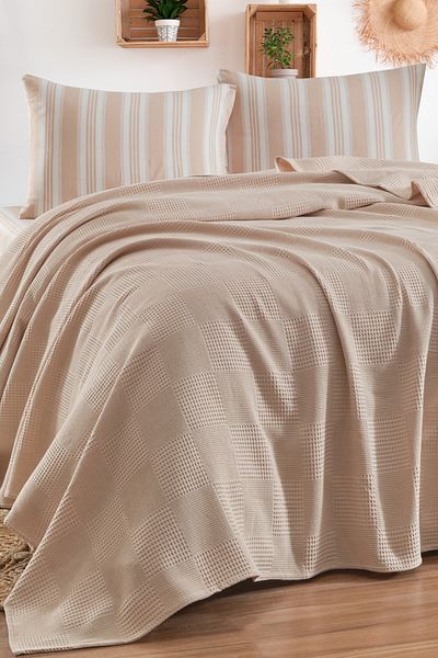 Eponj Home Sheet Pique Set Double Size 100% Cotton 4 Piece Soft Striped Patterned Beige – Weave Series