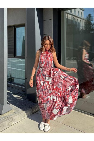 Kadınle Women's Halter Neck Off-The-Shoulder Belted Maxi Length Patterned Single Jersey Dress