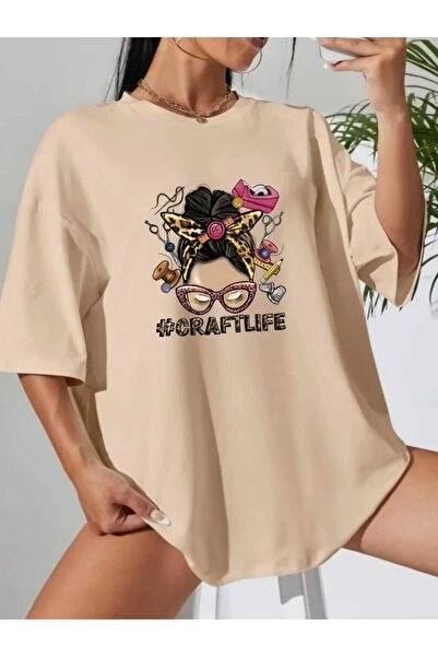 PERISENSE Γυναικείο φαρδύ μπλουζάκι Boyfirend με στάμπα Craftlife