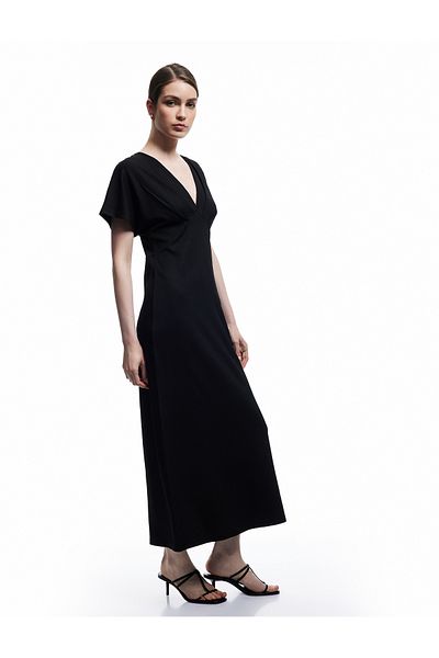 Koton Wrap Fabric Textured Short Sleeve Long V Neck Dress