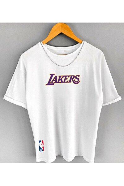 Boi Tricou supradimensionat cu imprimeu Lakers alb pentru femei și bărbați