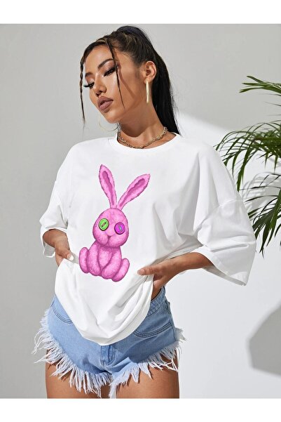 YRN COLLECTION تي شيرت أبيض كبير الحجم للنساء/الفتيات مطبوع عليه أرنب وردي