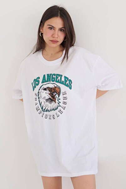 PERISENSE تيشيرت نسائي أبيض مطبوع عليه حروف