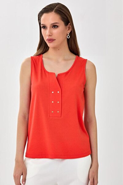 İKİLER Önü Metal Aksesuar Detaylı Kolsuz Bluz 025-1042