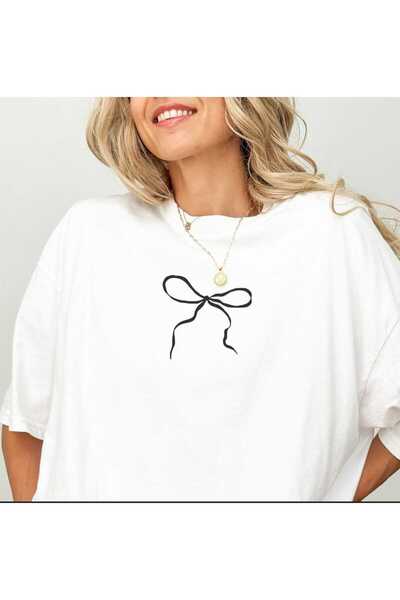 PERISENSE Bow Printed White Oversize Loose Boyfriend T-Shirt