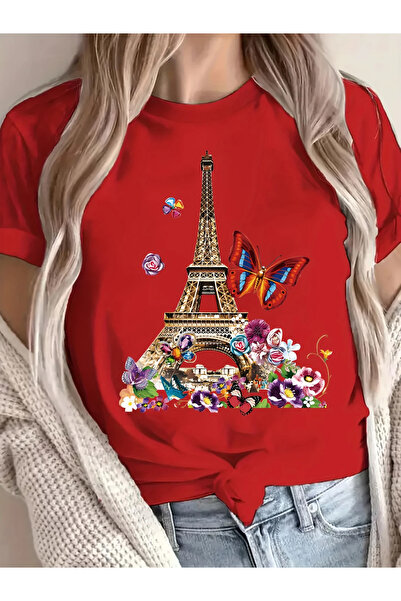 YRN COLLECTION تي شيرت نسائي قطني مطبوع عليه فراشة وزهرة ايفل