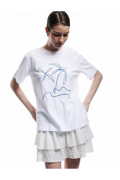 Koton Cotton Short Sleeve Crew Neck Pearl Embroidery Detailed Printed T-Shirt