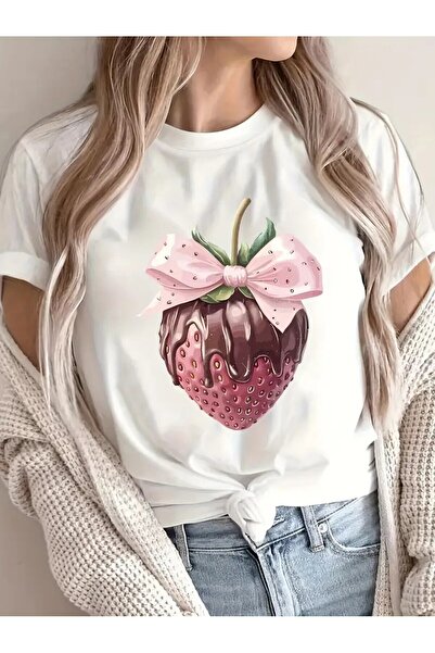 YRN COLLECTION Çikolata Soslu Çilek Tasarım Baskılı Kadın T-shirt
