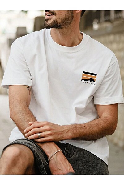 YRN COLLECTION Mountain Logo T-Shirt - White Printed Oversize Crew Neck Short...