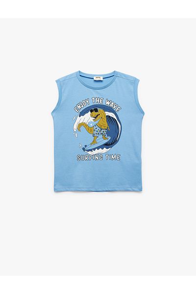 Koton Cotton Sleeveless Crew Neck Dinosaur Printed Zero Sleeve T-Shirt