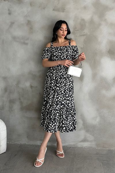 Mila Black Patterned Madonna Collar Midi Dress