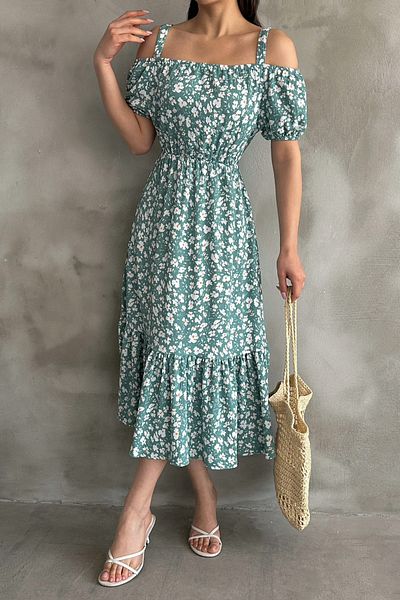 Mila Mint Patterned Madonna Collar Midi Dress