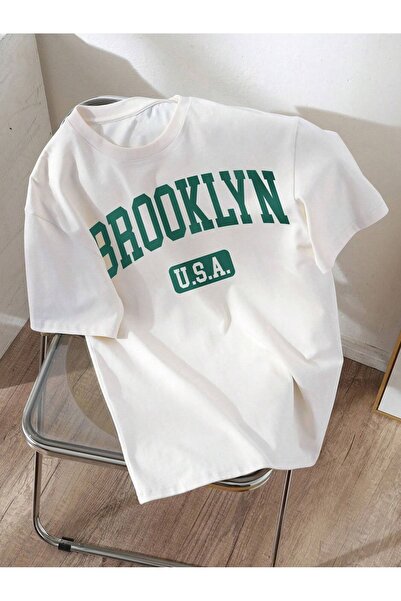 PERISENSE Tricou Brooklyn SUA - Mânecă scurtă oversize cu decolteu alb cu imp...