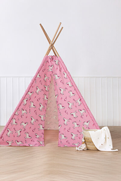 Genel Markalar COLLECTİON Unicorn Desenli Çocuk Oyun Çadırı, Ahşap Direkli Teepee, 150x150x200 cm, Pembe
