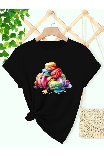 PERISENSE تي شيرت نسائي مطبوع بتصميم خاص من ماكارون ملون