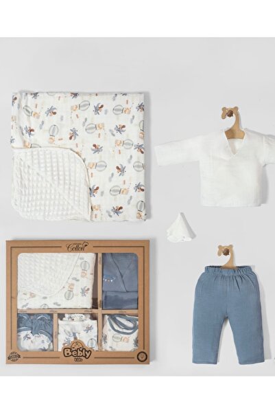 Pure Kids Store Kutulu %100 Organik Pamuk Müslin Erkek Bebek Uçak Figürlü 10 Parça Hastane Çıkış Seti