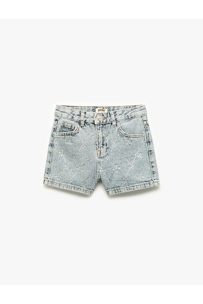 Koton Pantaloni scurți din denim slim din bumbac cu detalii de piatră