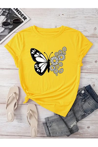 Boi Γυναικείο βαμβακερό μπλουζάκι με στάμπα Butterfly & Daisy