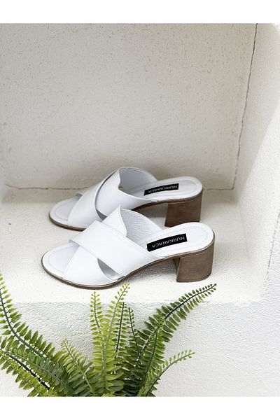 NUR KARACA 25Y8320 Cross Banded Khaki Leather 6cm Thick Heel Slippers for Women