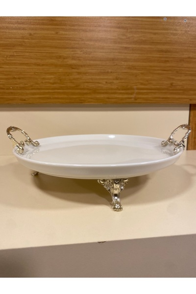 PLUS HOME طبق صنوم دائري بقاعدة بورسلين ومقبض نحاسي فضي قطر 30 سم