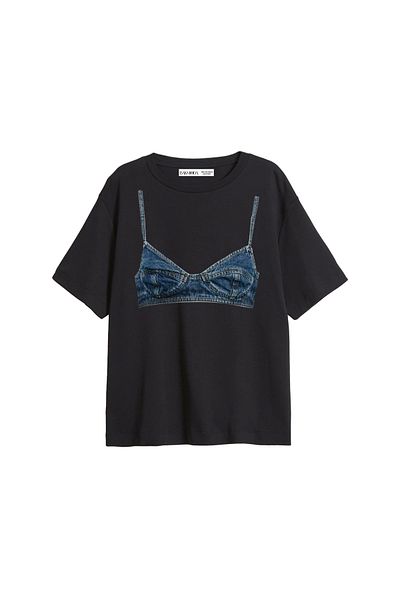 CİNEMA MODA Γυναικείο μπλουζάκι με τζιν με στάμπα Relaxed Fit μαύρο