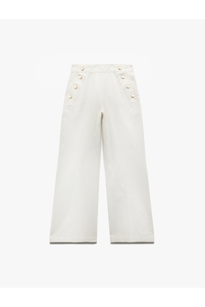 Koton Hoch taillierte Baumwolle Bequeme Passform Knopf Detaillierte Weite Bein Hose - Weites Bein Jean