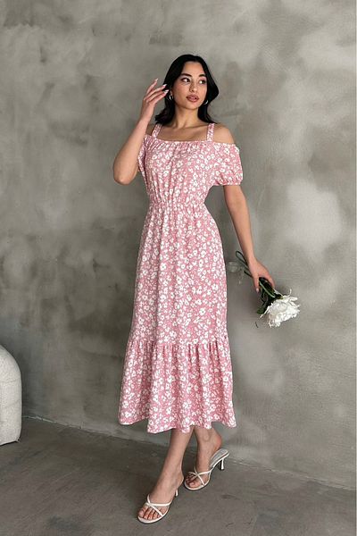 Mila Powder Patterned Madonna Collar Midi Dress