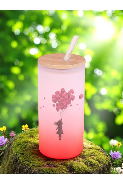 lili hediyelik Balloon Girl Printed Glass Water Bottle with Straw 600 ml