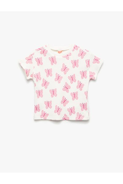 Koton Butterfly Printed Short Sleeve Crew Neck Cotton T-Shirt