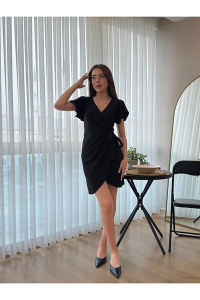 AKNButik Women's Short Sleeve Double Breasted Collar Tie Waist Imported Crepe Dress