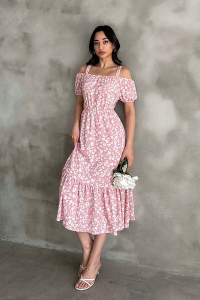 Mila Powder Patterned Madonna Collar Midi Dress