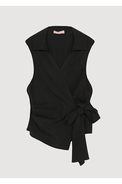 Quzu Double Breasted Collar Tie Sleeveless Blouse Black