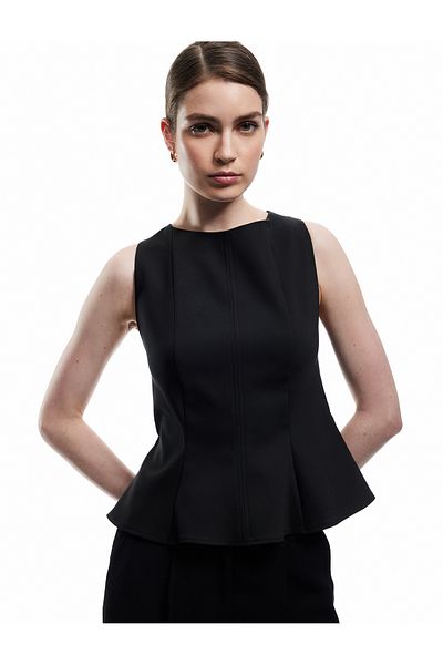Koton Sleeveless Crew Neck Peplum Blouse with Stitching Detail