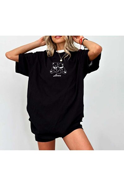 PERISENSE Дамска тениска с овърсайз принт и щампа „Любител на мечки“, черна, ...