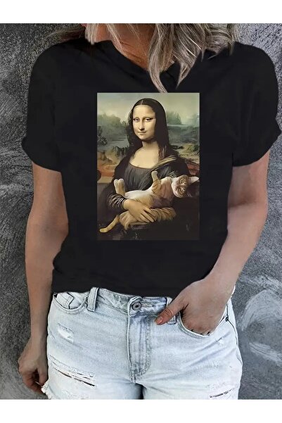 PERISENSE تي شيرت نسائي مطبوع عليه الموناليزا والقطة