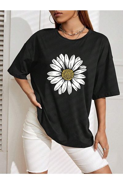 Hunors Sportswear & Company Tricou oversize negru cu imprimeu margarete pentru femei/fete Boyfirend