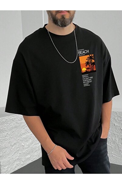 YRN COLLECTION Tricou pentru bărbați oversize imprimat cu imagini de plajă Ca...