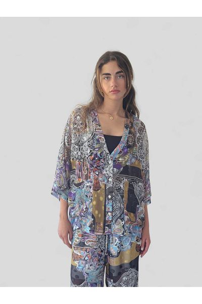 Retrobird Cămașă kimono din șifon cu decolteu în V de design pentru femei Albastru deschis