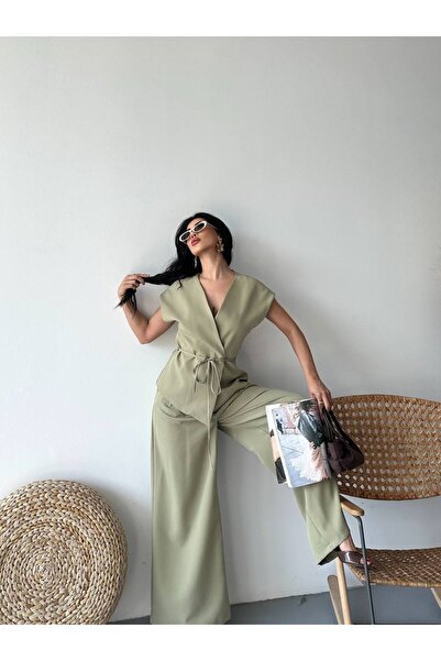 Bella Breeze Kadın Kuşaklı Yelekli Palazzo Pantolonlu Takım Elbise