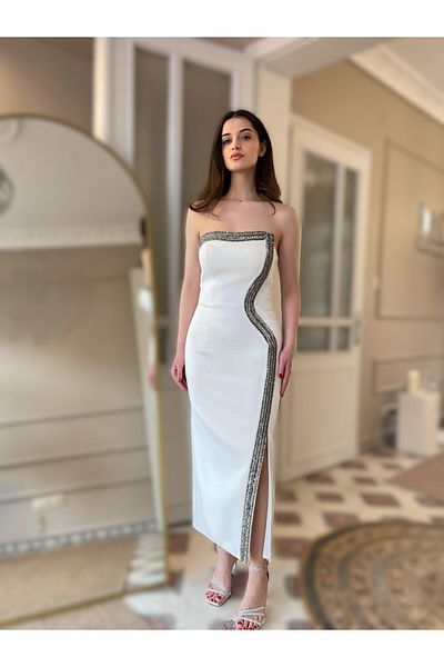 Seri Modern Cut Anthracite Stone Detailed White Midi Evening Dress