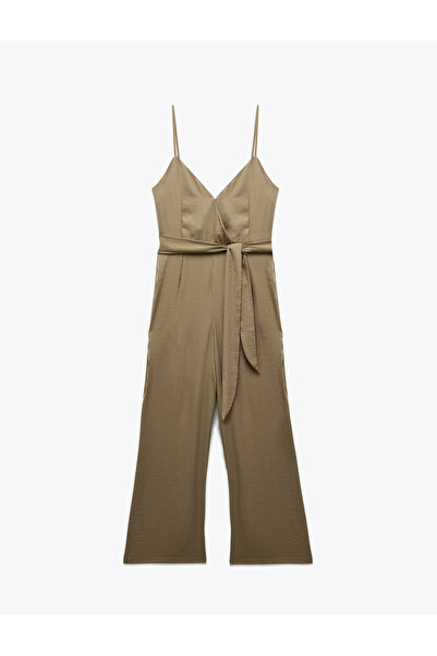 Koton Aerobin Kumaş Kuşak Detaylı Kruvaze Askılı Geniş Paça Uzun Saten Tulum