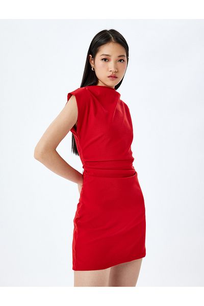 Koton Stand Collar Sleeveless Slim Fit Draped Mini Dress