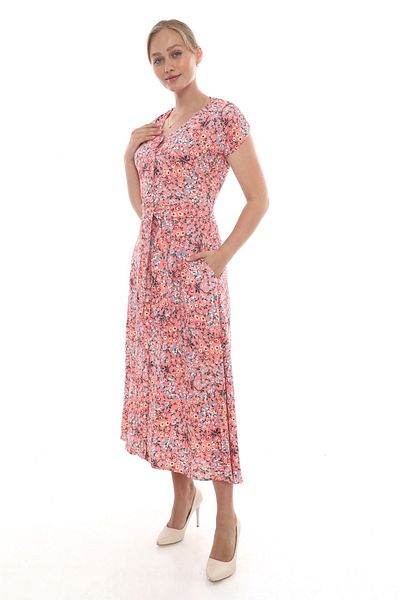 etselements Floral Patterned Buttoned Belted Summer Pink Dress 408