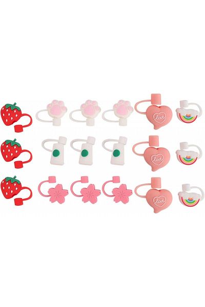 Veumoie Set de 18 capace reutilizabile din pai Veumoie, silicon, multicolore