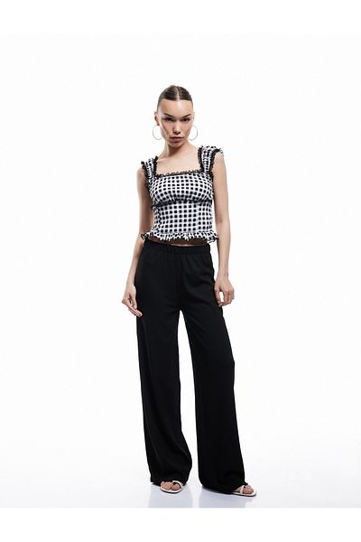 Koton Lace Detailed Gingham Square Neck Sleeveless Ruffled Wrap Crop Blouse