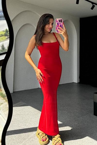 My Blog Red Long Strap Stretch Dress