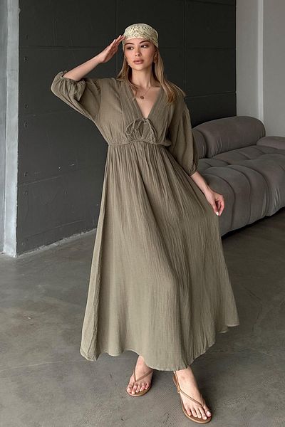 Olcay Elastisches Taillen-Spitzen-detailliertes Halbarm-Musselin-Kleid KHAKI 9331-E