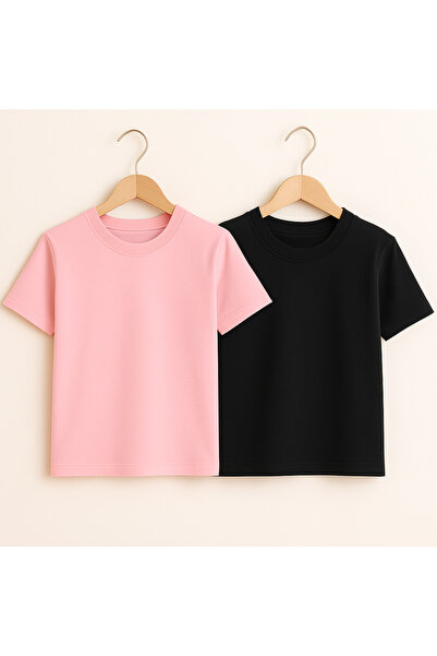 Hilal Akıncı Kids Μπλουζάκι Basic Crew Neck Pink-White 2 τεμαχίων